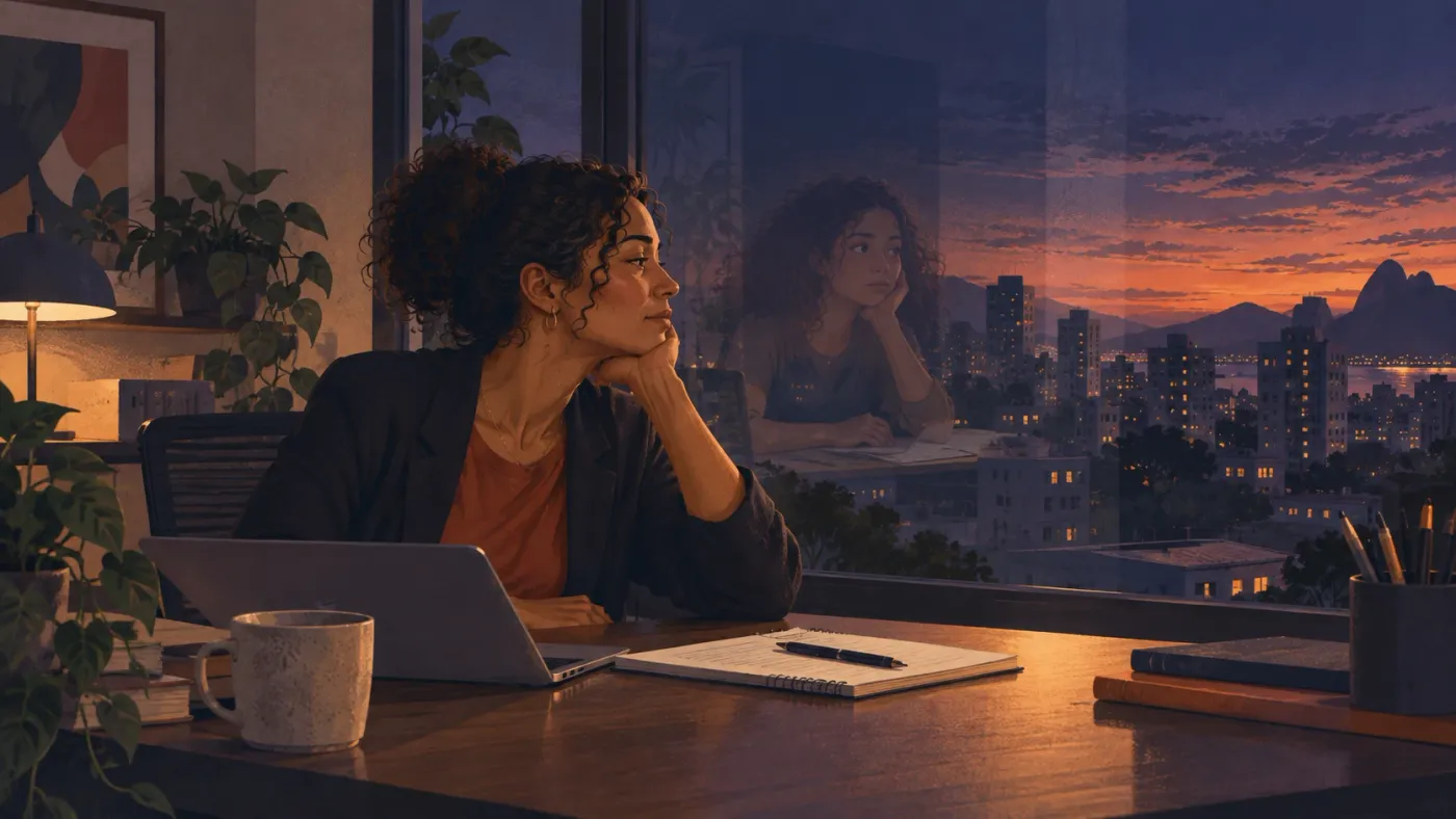 Mulher à mesa do escritório ao entardecer, com o reflexo discreto de si mesma mais jovem no vidro da janela.